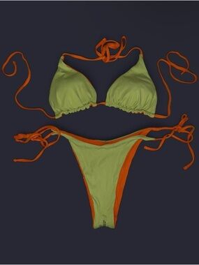 Berlook Reversible Green & Orange Ribbed Tie-Side Bikini Set